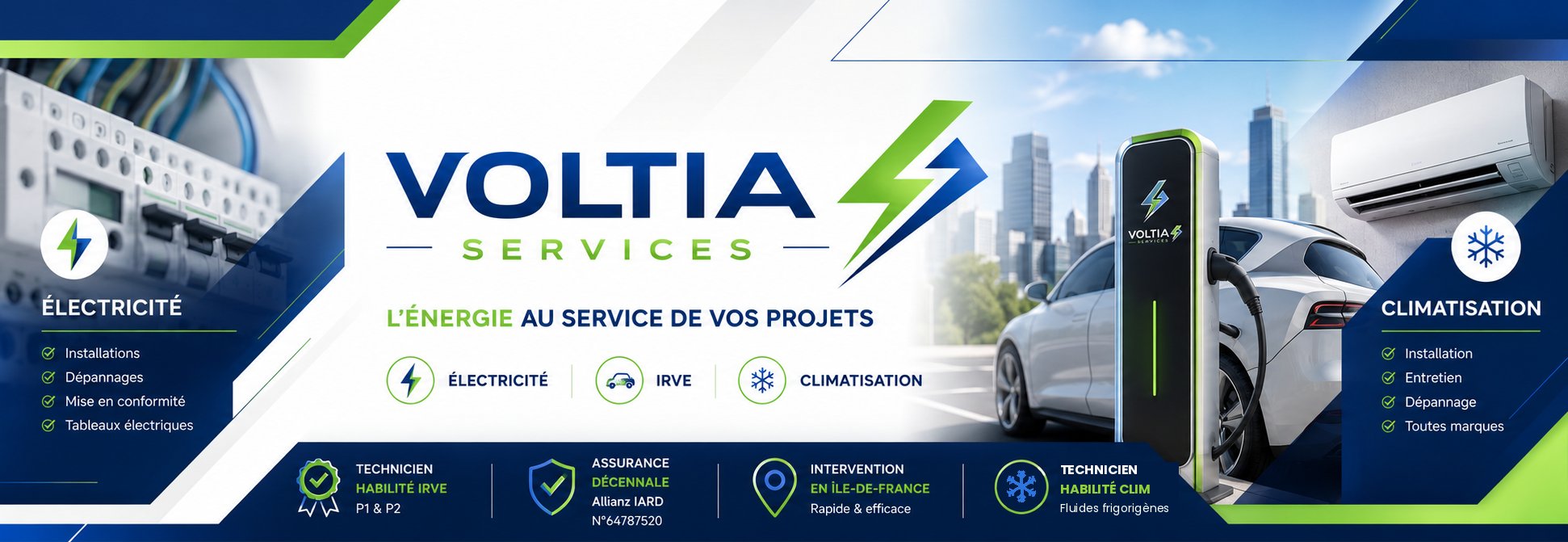 VOLTIA Services – Électricité, bornes de recharge IRVE et climatisation en Île-de-France. Technicien habilité IRVE P1 & P2 et climatisation (fluides frigorigènes), assurance décennale Allianz IARD.
